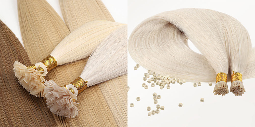 Extensions de cheveux pré-collées à pointes en I avec points de fixation en kératine transparente pour un aspect naturel.