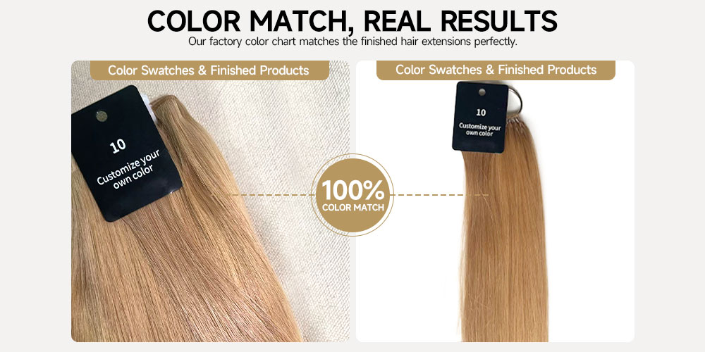 Comparaison côte à côte de la correspondance des couleurs entre les échantillons d'usine de Shiny Hair et les extensions finies.