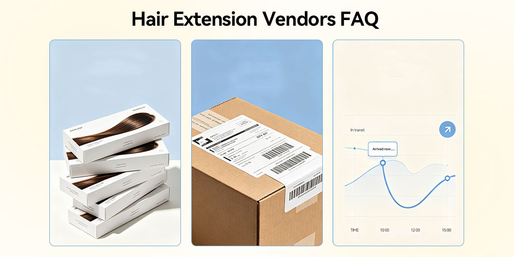 Un graphique de transition introduisant la section FAQ des fournisseurs d'extensions de cheveux, couvrant l'approvisionnement, l'expédition et les détails relatifs aux quantités minimales de commande.