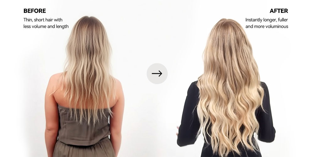 Comparaison avant/après des extensions de cheveux à pointes en I