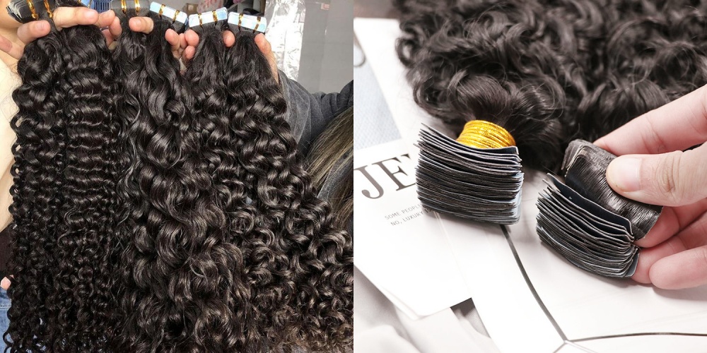 extensiones de cabello rizado con cinta adhesiva